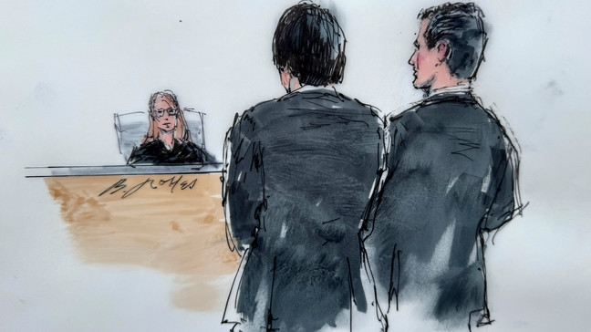 In this courtroom sketch, Ippei Mizuhara, front left, the former longtime interpreter for baseball player Shohei Ohtani, is joined by his attorney, Michael G. Freedman, in front of U.S. Magistrate Judge Maria A. Audero in Los Angeles on Friday, April 12, 2024. Mizuhara, charged with a single count of bank fraud, was ordered to undergo gambling addiction treatment. (Bill Robles via AP)