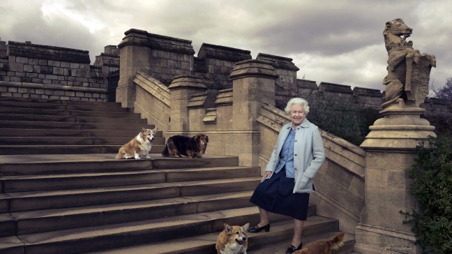In this official photograph released by Buckingham Palace Wednesday April 20, 2016 to mark her 90th birthday, Queen Elizabeth II is seen walking in the private grounds of Windsor Castle, in England, on steps at the rear of the East Terrace and East Garden with four of her dogs: clockwise from top left Willow (corgi), Vulcan (dorgie), Candy (dorgie) and Holly (corgi). (© 2016 Annie Leibovitz via AP) MANDATORY CREDIT