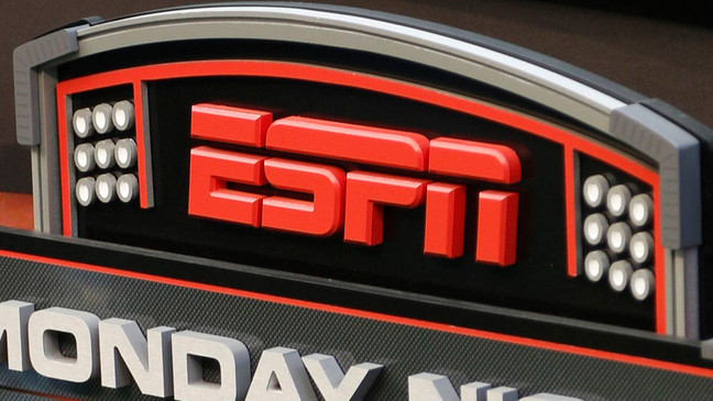 FILE - This Sept. 16, 2013, file photo shows the ESPN logo prior to an NFL football game between the Cincinnati Bengals and the Pittsburgh Steelers, in Cincinnati. ESPN, Fox and Warner Bros. Discovery announced plans on Tuesday, Feb. 6, 2024 to launch a sports streaming platform in the fall that will include offerings from at least 15 networks and all four major professional sports leagues. (AP Photo/David Kohl, File)