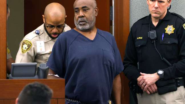 FILE - Duane "Keffe D" Davis is led into the courtroom at the Regional Justice Center on Wednesday, Oct. 4, 2023, in Las Vegas. Davis has been charged in the 1996 fatal drive-by shooting of rapper Tupac Shakur. Davis, 60, was arrested Sept. 29, 2023, and charged with orchestrating the drive-by shooting of Shakur near the Las Vegas Strip that also wounded rap music mogul Marion âSugeâ Knight. (Bizuayehu Tesfaye/Las Vegas Review-Journal, Pool)