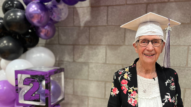 Katherine Cole of Hannah, Utah, is seen during her Tabiona High School graduation in 2024, where she earned her diploma nearly 80 years after she had to leave high school to take care of her family. (KUTV Photo: Amanda Gilbert)