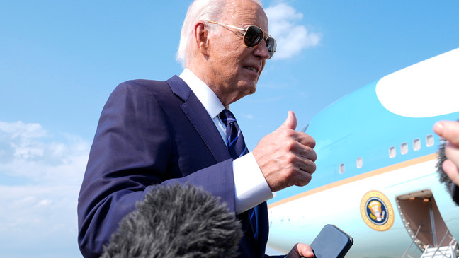 President Joe Biden speaks with reporters at Andrews Air Force Base, Md., Monday, July 15, 2024. as he heads to Las Vegas. (AP Photo/Susan Walsh)