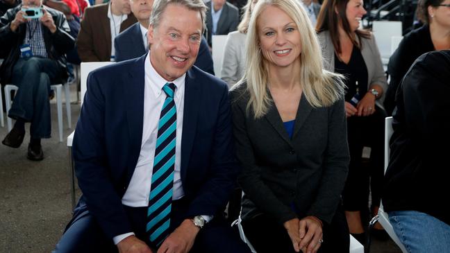 Ford Motor Co., Executive Chairman Bill Ford sits next to Debbie Manzano, Ford Rouge plant manager, Thursday, Sept. 27, 2018, in Dearborn, Mich. Ford is celebrating a century of production at its storied Rouge factory in Dearborn, and made an announcement about the plant's future at a ceremony Thursday. (AP Photo/Carlos Osorio)