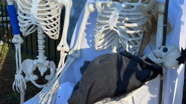 Tennessee family and friends work together to change out elaborate skeleton family yard display in Clarksville each day of October (PHOTOS: The Bones Family/Sarah Garcia){p}{/p}