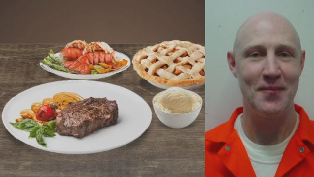 Ronnie Lee Gardner, executed on June 18, 2010, chose steak, lobster tail, apple pie and vanilla ice cream before a 48 hour fast. (Graphic: KUTV, Photo: Utah Department of Corrections)