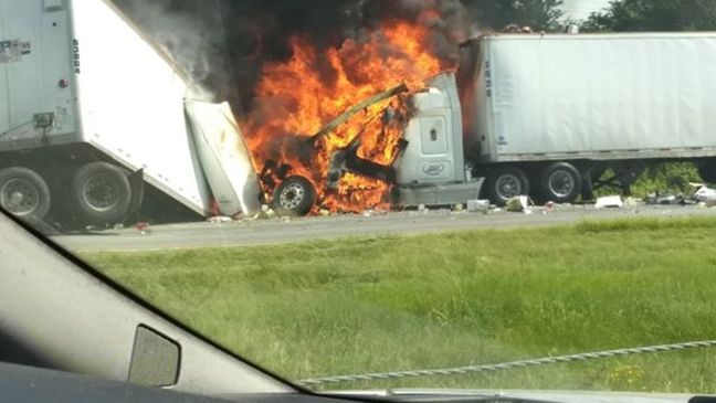 A fiery crash involving two big rigs on Interstate 40 in central Arkansas (Photo: Mary Brazil)