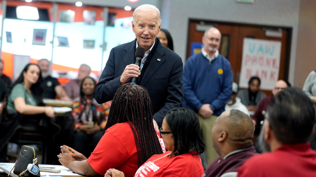 FILE - President Joe Biden addresses UAW members during a campaign stop, Feb. 1, 2024, in Warren, Mich. (AP Photo/Evan Vucci, File)