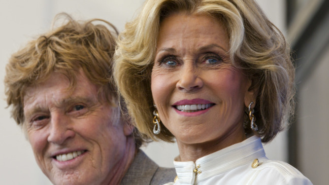 Actor Robert Redford, left, and Jane Fonda pose during the photo call for the film "Our Souls At NIght" at the 74th Venice Film Festival in Venice, Italy, Friday, Sept. 1, 2017. (AP Photo/Domenico Stinellis)