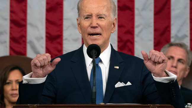 FILE - President Joe Biden delivers the State of the Union address to a joint session of Congress at the U.S. Capitol, Feb. 7, 2023, in Washington, as Vice President Kamala Harris and House Speaker Kevin McCarthy of Calif., listen. (Jacquelyn Martin, Pool, File)