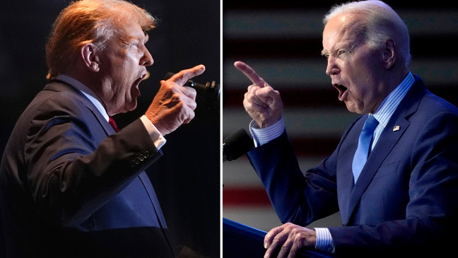 This combination of photos taken in Columbia, S.C. shows former President Donald Trump, left, on Feb. 24, 2024, and President Joe Biden on Jan. 27, 2024. (AP Photo)