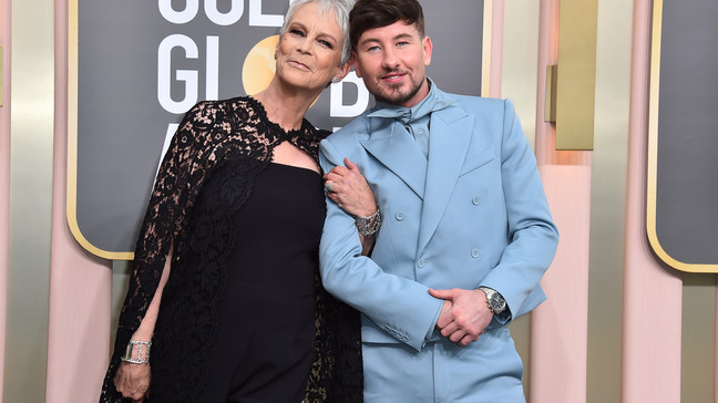 Jamie Lee Curtis, left, and Barry Keoghan arrive at the 80th annual Golden Globe Awards at the Beverly Hilton Hotel on Tuesday, Jan. 10, 2023, in Beverly Hills, Calif. (Photo by Jordan Strauss/Invision/AP)