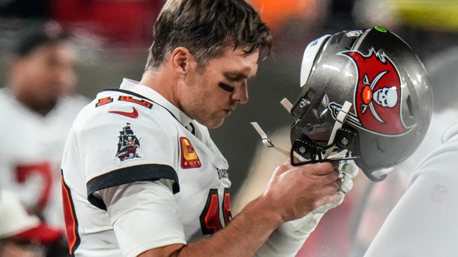 Tampa Bay Buccaneers quarterback Tom Brady (12) walks on the sidelines during the second half of an NFL wild-card football game against the Dallas Cowboys, Monday, Jan. 16, 2023, in Tampa, Fla. (AP Photo/Chris O'Meara)