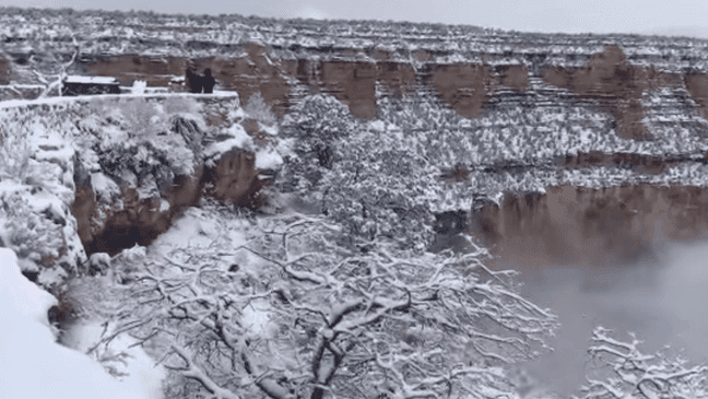 Video shows 'partial cloud inversion' at snowy Grand Canyon on Monday, Jan. 25, 2020. (Courtesy: Grand Canyon National Park)