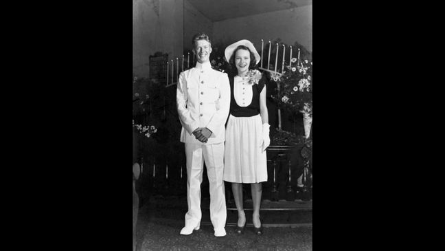 FILE - Jimmy and Rosalynn Carter pose for a photo during their wedding July 7, 1946, in Plains, Georgia. (The Jimmy Carter Presidential Library and Museum, Carter Family Collection via AP, File)