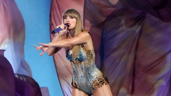 Taylor Swift performs during "The Eras Tour," Monday, Aug. 7, 2023, at SoFi Stadium in Los Angeles. (AP Photo/Chris Pizzello)