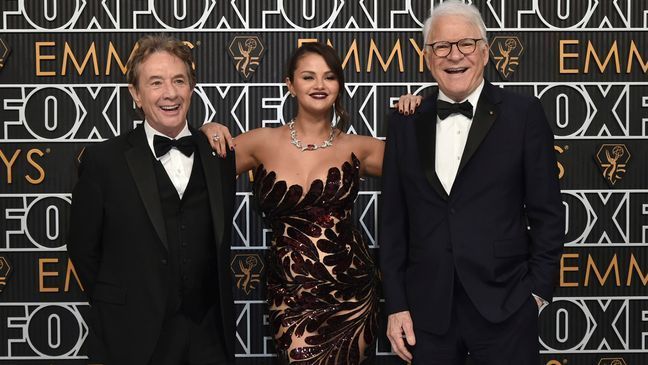 Martin Short, from left, Selena Gomez, and Steven Martin arrive at the 75th Primetime Emmy Awards on Monday, Jan. 15, 2024, at the Peacock Theatre in Los Angeles. (Photo by Richard Shotwell/Invision/AP)