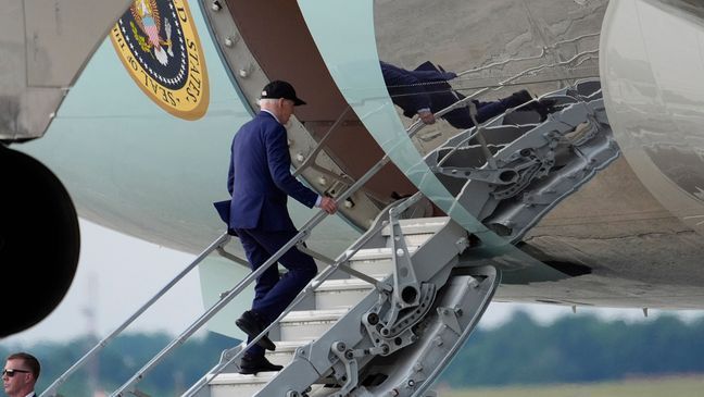 President Joe Biden boards Air Force One for a trip to France to mark the 80th anniversary of D-Day, Tuesday, June 4, 2024, in Andrews Air Force Base, Md. (AP Photo/Alex Brandon)