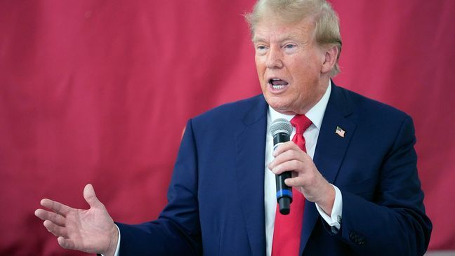 FILE - Republican presidential candidate and former President Donald Trump speaks to Texas state troopers and guardsmen at the South Texas International Airport, Nov. 19, 2023, in Edinburg, Texas. (AP Photo/Eric Gay, File)