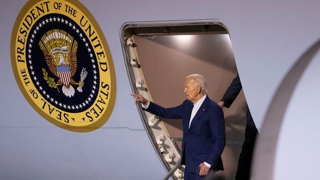 President Joe Biden arrives at Dover Air Force Base, in Dover, Del., Friday, July 12, 2024, from a campaign trip in Detroit. Biden is spending the weekend at his Reboboth Beach home. (AP Photo/Manuel Balce Ceneta)