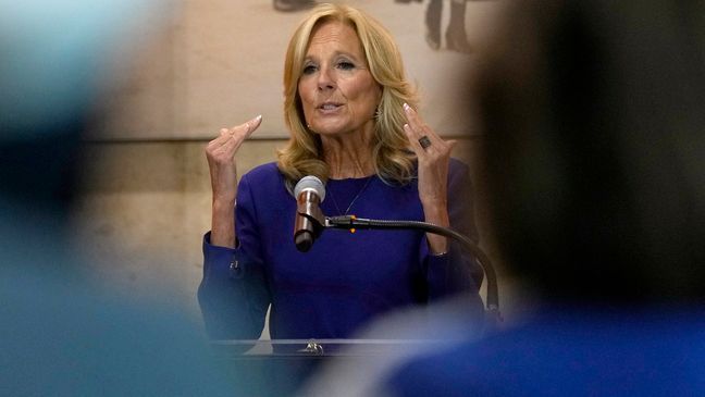 First lady Jill Biden speaks at the Smithsonian's National Museum of American History in Washington, Wednesday, July 10, 2024, during an event with spouses of NATO leaders as part of the NATO Summit. (AP Photo/Susan Walsh)