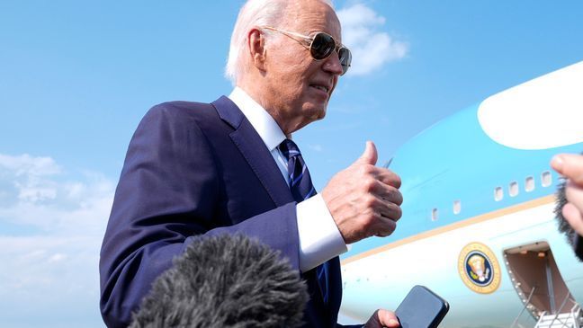 President Joe Biden speaks with reporters at Andrews Air Force Base, Md., Monday, July 15, 2024. as he heads to Las Vegas. (AP Photo/Susan Walsh)