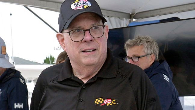 FILE - Former republican Maryland Gov. Larry Hogan visits the Bridge Boat Show in Stevensville, Md., April 12, 2024. (AP Photo/Susan Walsh, File)