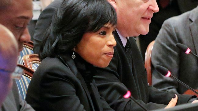 FILE - Prince George's County Executive Angela Alsobrooks, center, listens during a bill hearing in Maryland, Jan. 23, 2020, in Annapolis, Md. (AP Photo/Brian Witte, File)