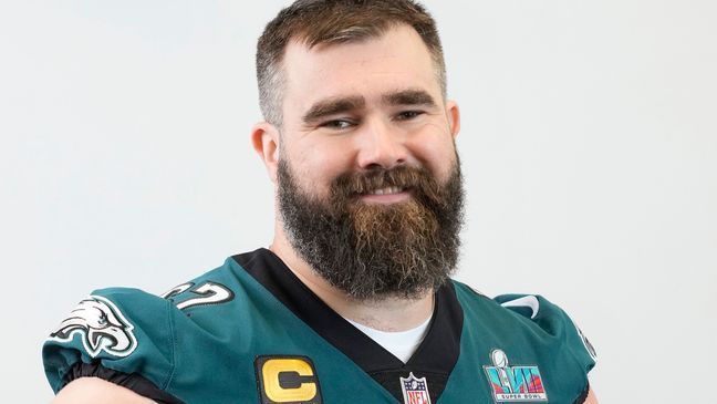 FILE - Philadelphia Eagles center Jason Kelce poses for a portrait at NFL football Super Bowl 57 opening night, Monday, Feb. 6, 2023, in Phoenix.{&nbsp;} (AP Photo/Doug Benc, File)