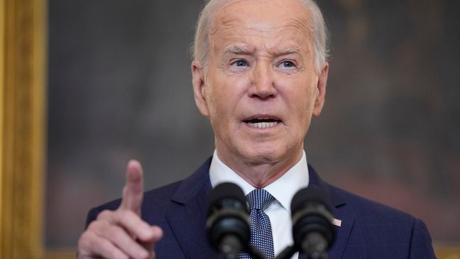 President Joe Biden delivers remarks on the verdict in former President Donald Trump's hush money trial and on the Middle East, from the State Dining Room of the White House, Friday, May 31, 2024, in Washington. (AP Photo/Evan Vucci)