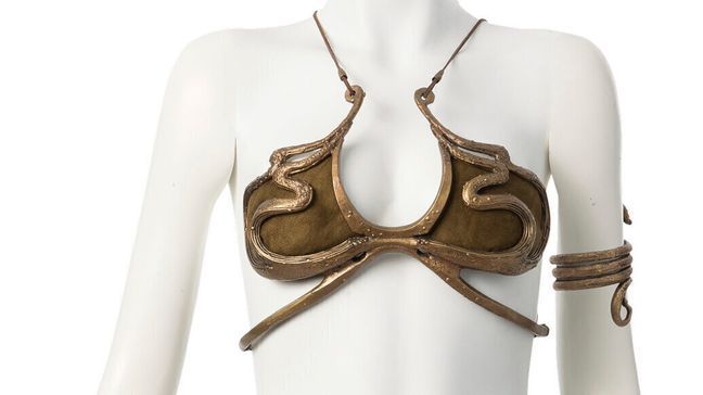 This photo provided by Heritage Auctions shows the gold bikini-style costume that Carrie Fisher wore as Princess Leia while making “Return of the Jedi” in the “Star War” franchise, which was sold for $175,000 during an auction Friday, July 26, 2024. (Heritage Auctions via AP)