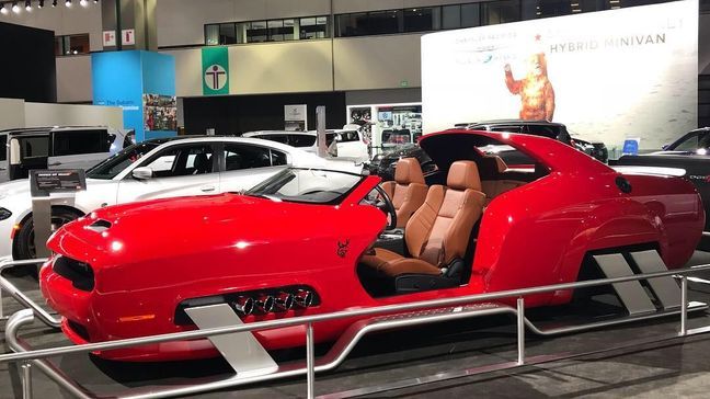 Santa's new sleigh, based on a Dodge Challenger Hellcat Redeye, is on display at the 2018 Los Angeles Auto Show. (Sinclair Broadcast Group / Jill Ciminillo)