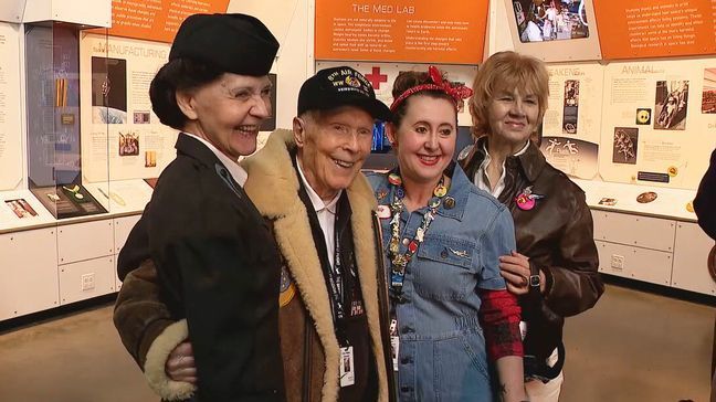 WWII veteran Dick Nelms poses for a photo during a celebration for his 101st birthday at the Museum of Flight on Saturday, Feb. 17, 2024. (Photo: Doug Pigsley, KOMO News)