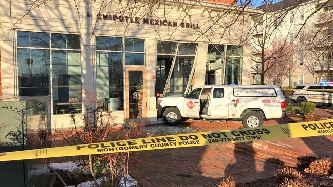 A car crashed into a Chipotle in Germantown, Md., Monday, March 26, 2018. (Montgomery County Fire Department/Pete Piringer)