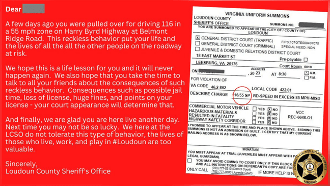 The Loudoun County Sheriff's Office penned a letter to an alleged speed violator, clocked traveling at 116 mph in a 55 mph zone, Jan. 31, 2023. (WJLA)