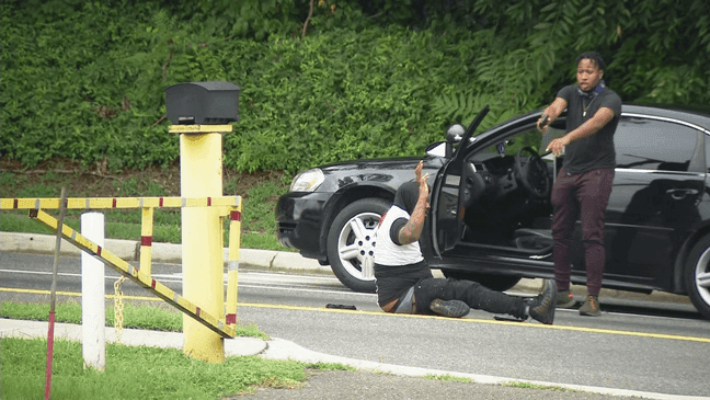 ABC7's cameras were rolling at the intersection of Branch Avenue and Southern Avenue near the D.C./Prince George's County line on Tuesday as a fender bender turned into a fist fight in the middle of the street.{&nbsp;} Eventually, an off-duty police officer arrived on the scene. (ABC7)