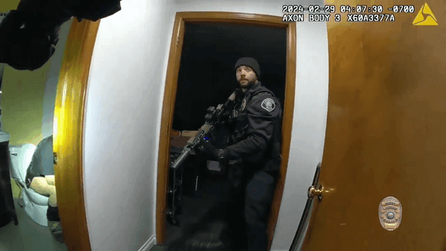 Authorities in Colorado say a burglary suspect was on the toilet when office tracked him down and arrested him on Thursday, Feb. 29, 2024. (Screenshot from video courtesy of Lakewood Police Department)