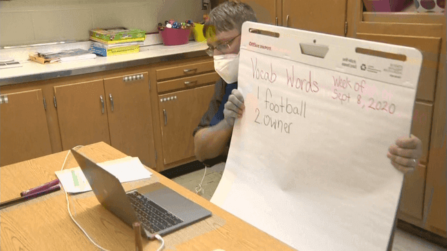 A teacher leading a virtual class shows students their vocabulary words{&nbsp;}on September 8, 2020. (ABC7)