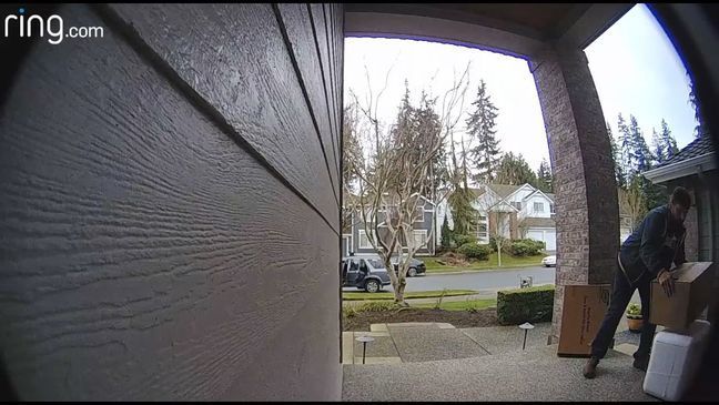 Mill Creek Police are asking people to watch out for a package thief who is posing as a delivery man. (Photos: still image from security video)