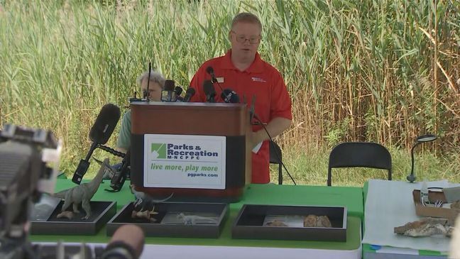 Officials host a Wednesday, July 12, 2023, press conference after a rare dinosaur bone bed was recently discovered at M-NCPPC Dinosaur Park in Laurel, Maryland. (7News)