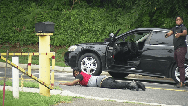 ABC7's cameras were rolling at the intersection of Branch Avenue and Southern Avenue near the D.C./Prince George's County line on Tuesday as a fender bender turned into a fist fight in the middle of the street.  Eventually, an off-duty police officer arrived on the scene. (ABC7)