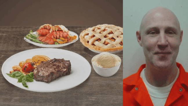 Ronnie Lee Gardner, executed on June 18, 2010, chose steak, lobster tail, apple pie and vanilla ice cream before a 48 hour fast. (Graphic: KUTV, Photo: Utah Department of Corrections)