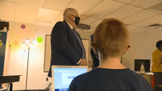 Maryland Gov. Larry Hogan tours a classroom that has some students physically present for learning on September 8, 2020. (ABC7){p}{/p}