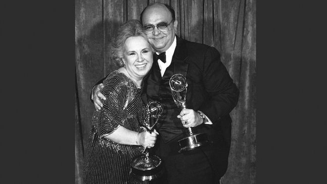 FILE - In this Sept. 25, 1983 file photo, Doris Roberts, left, and James Coco hold up the Emmys they received as best supporting actress and actor for their roles in the NBC television series "St. Elsewhere" during the 35th annual Emmy Awards presentation in Pasadena, Calif. Family spokeswoman said Monday, April 18, 2016, that Roberts died overnight Sunday in her sleep in Los Angeles. She was 90. (AP Photo, FIle)