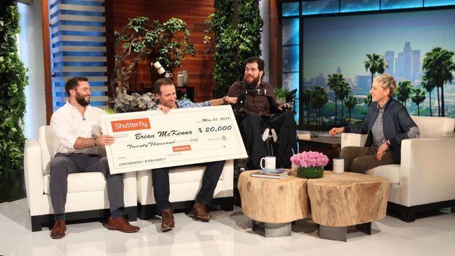 Paralyzed New Orleans Saints super fan from Utah gives update to Ellen, meets Drew Brees. (Photo: Michael Rozman/Warner Bros.)