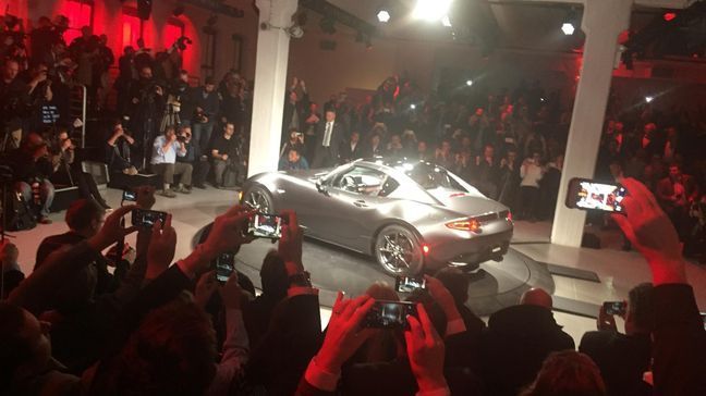 The Mazda MX-5 Retractable Fastback during its reveal at the 2016 New York International Auto Show. (Photo by Jill Ciminillo)