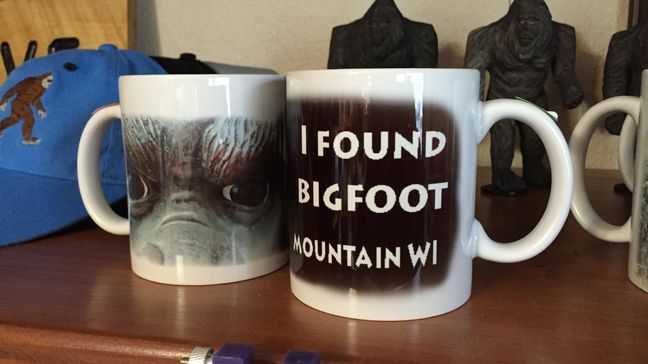 Bigfoot coffee mugs at Karen's Unique Gifts in Mountain, Wis., Monday, March 6, 2017. (WLUK/Eric Peterson)