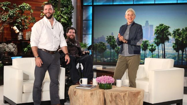 Paralyzed New Orleans Saints super fan from Utah gives update to Ellen, meets Drew Brees. (Photo: Michael Rozman/Warner Bros.)