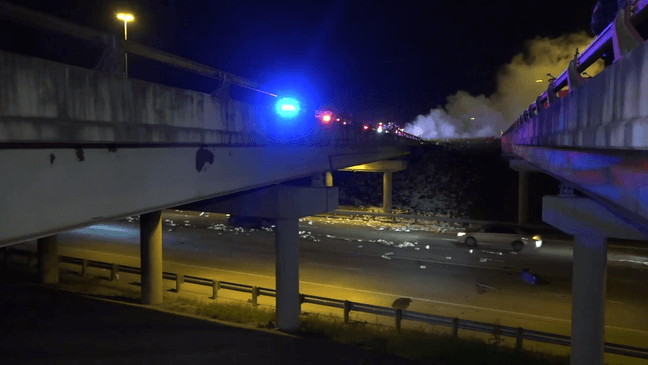 Big rig hauling trailer full of toilet paper bound for San Antonio crashes, catches fire in the Dallas area on April 1, 2020. (Photo: SBG San Antonio)