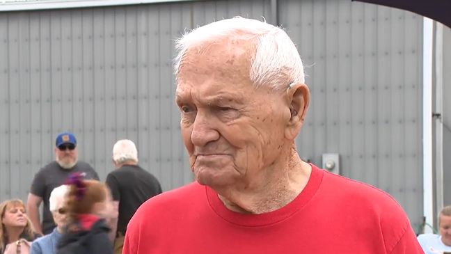 91-year-old John Finnie is seen skydiving on June 24, 2023, as friends, family cheer the Air Force veteran on. (SBG)