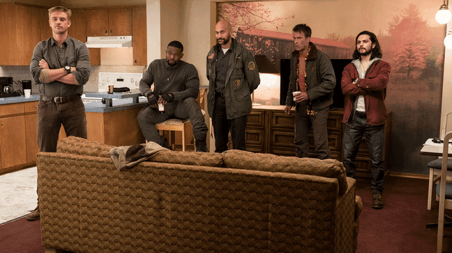 {p}L-r, Boyd Holbrook, Trevante Rhodes, Keegan Michael-Key, Thomas Jane and Augusto Aguiliera in Twentieth Century Fox’s "The Predator." (Photo: Twentieth Century Fox){br}{/p}